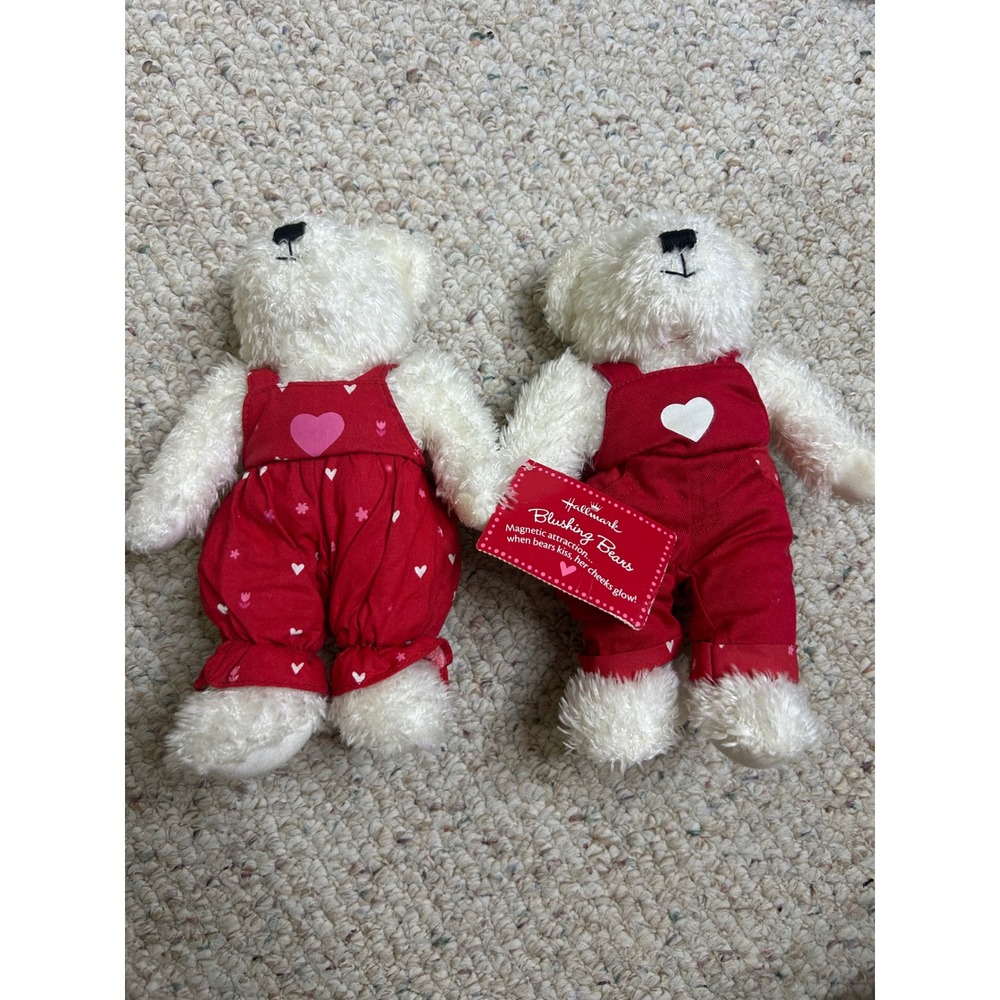 Hallmark Blushing Bears Magnetic Kissing Light Up Plush Set Red Heart Overalls